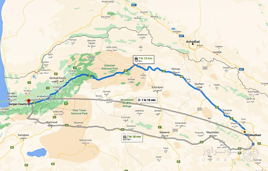 route from mashhad to gorgan